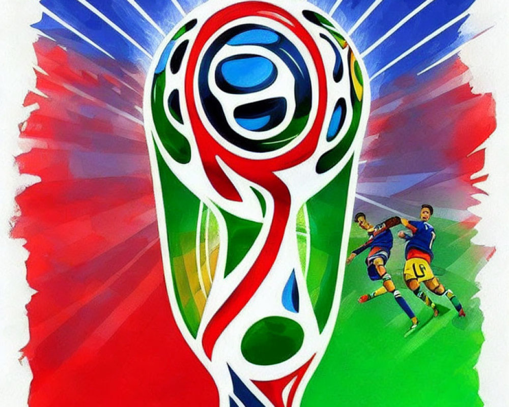 Vibrant World Cup-themed illustration with trophy design and abstract soccer players.