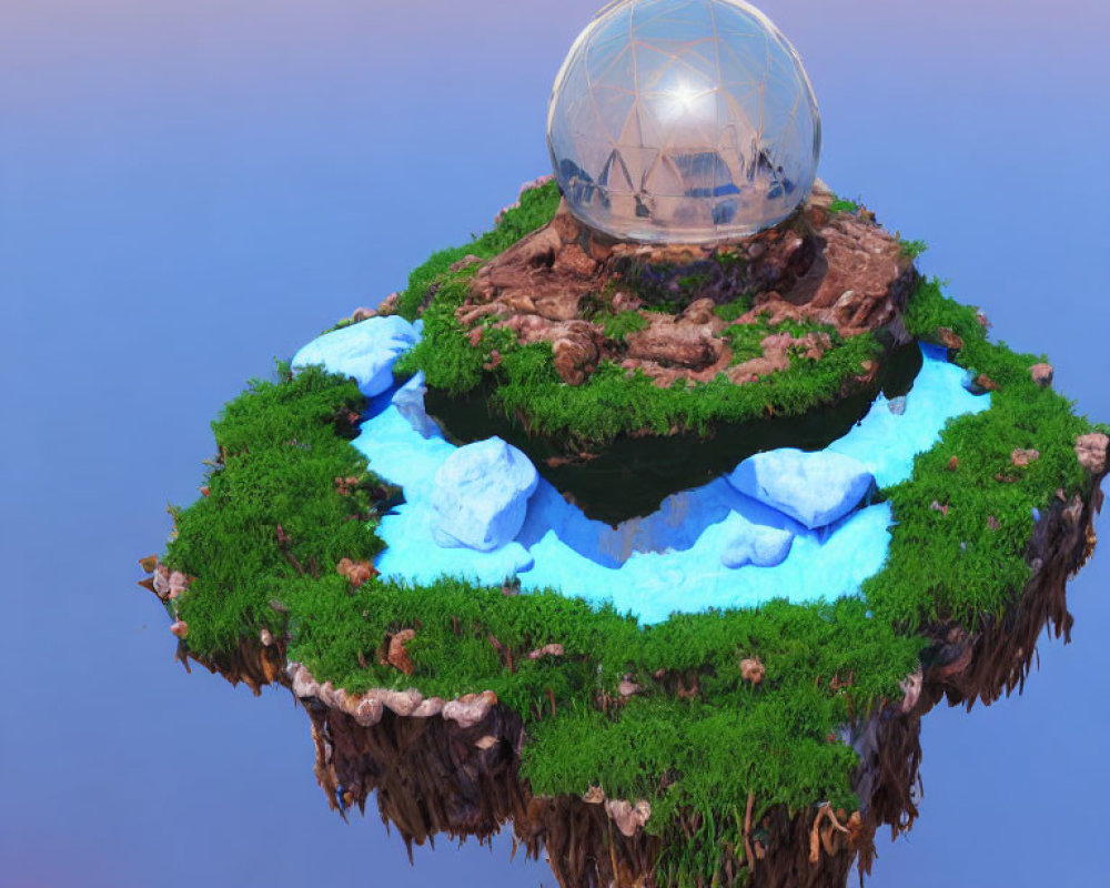 Grassy floating island with geodesic dome, waterfalls, ice formations, purplish sky