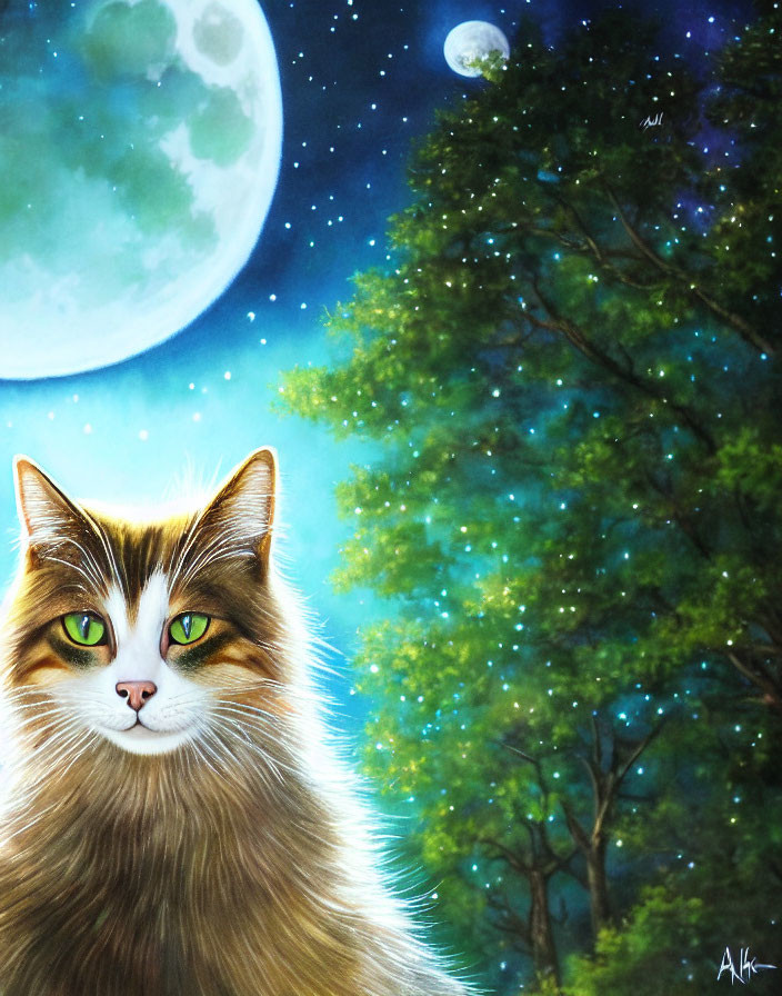 Majestic cat with green eyes under full moon and stars.