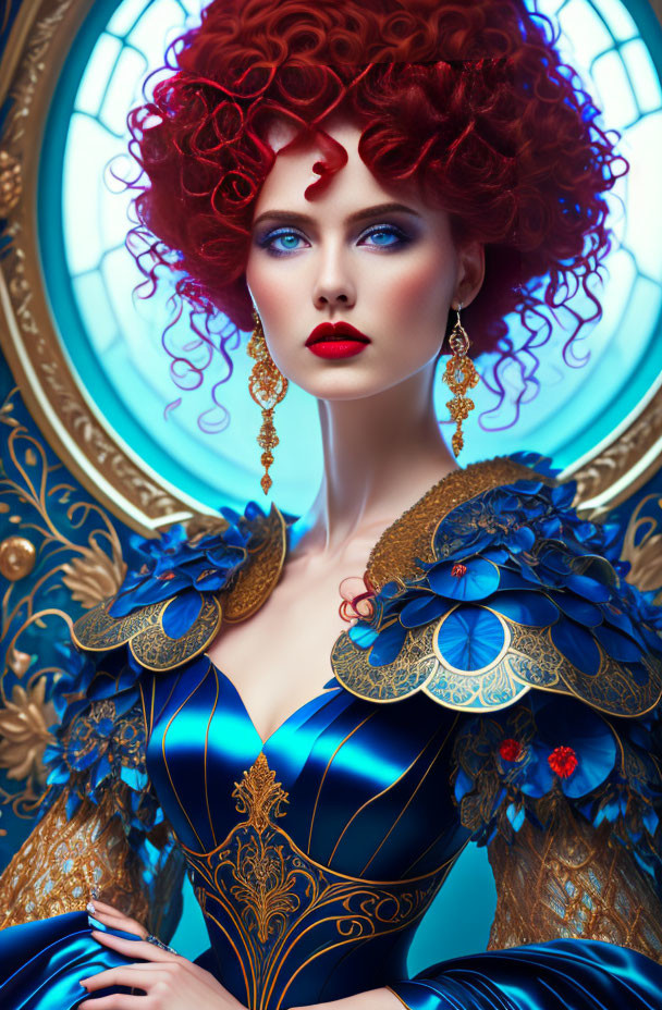 Woman with vibrant red hair in blue and gold gown poses by ornate circular window