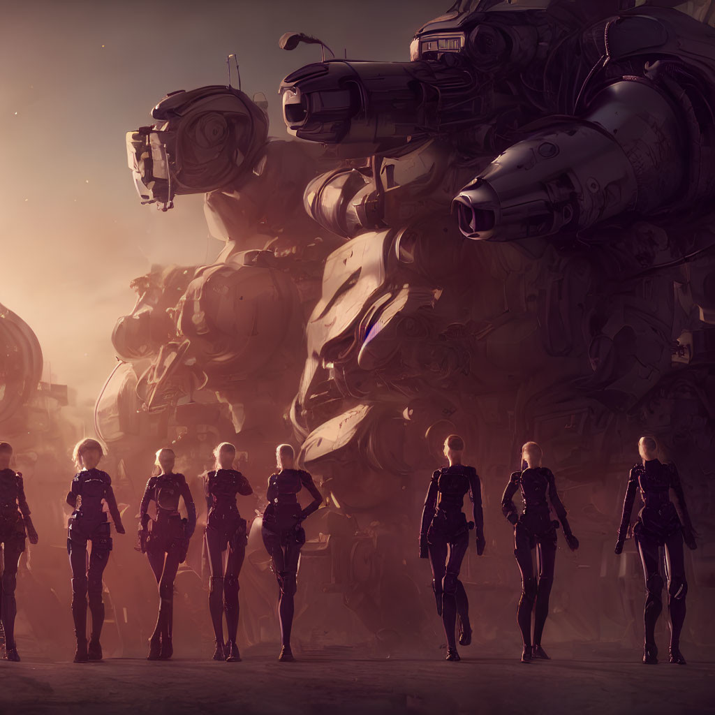 Seven individuals in futuristic armor face giant robot in dusky sci-fi scene