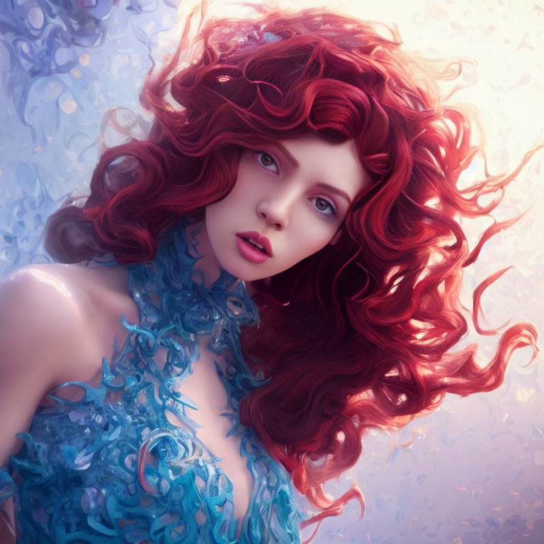 Voluminous red curly hair woman in digital portrait