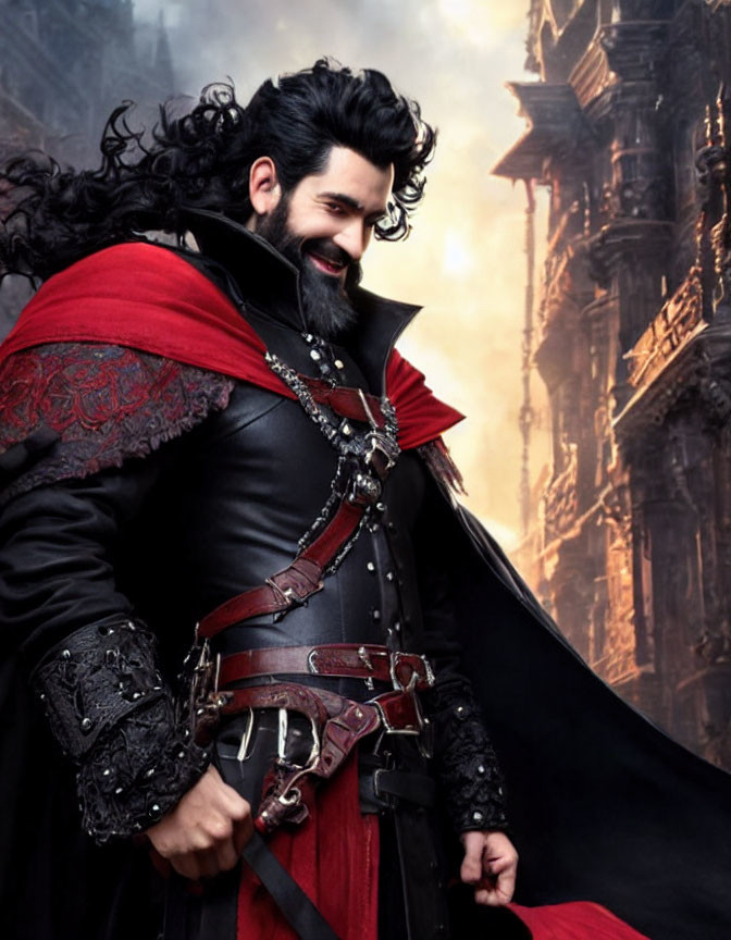 Fantasy warrior in black and red cape at gothic castle.