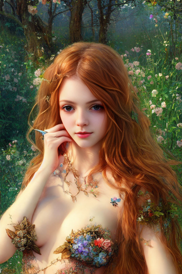 Vibrant digital artwork of woman with long red hair in floral setting