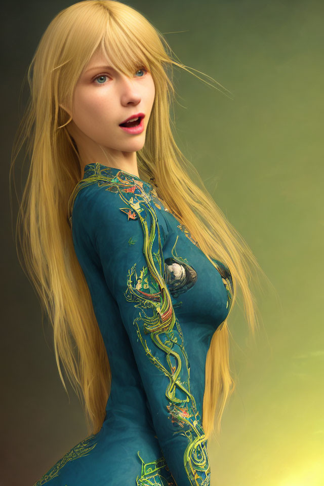 Detailed 3D Digital Artwork of Woman in Blue Dress