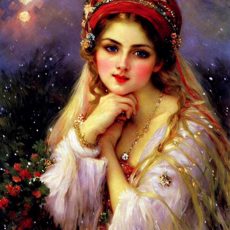 Portrait of Young Woman with Rosy Cheeks and Red Headband in Snowy Foliage