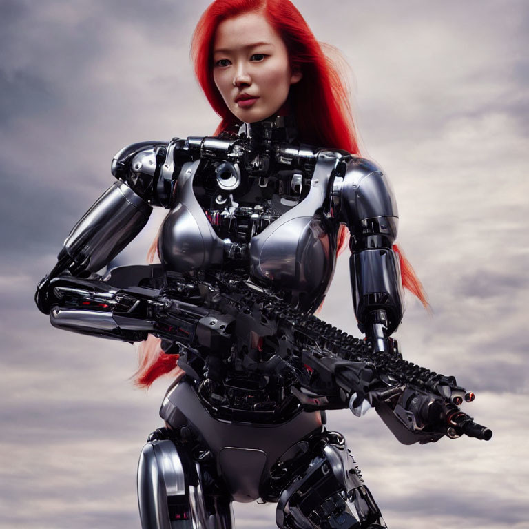 Striking red-haired woman merges with futuristic robotic body holding weapon against moody sky