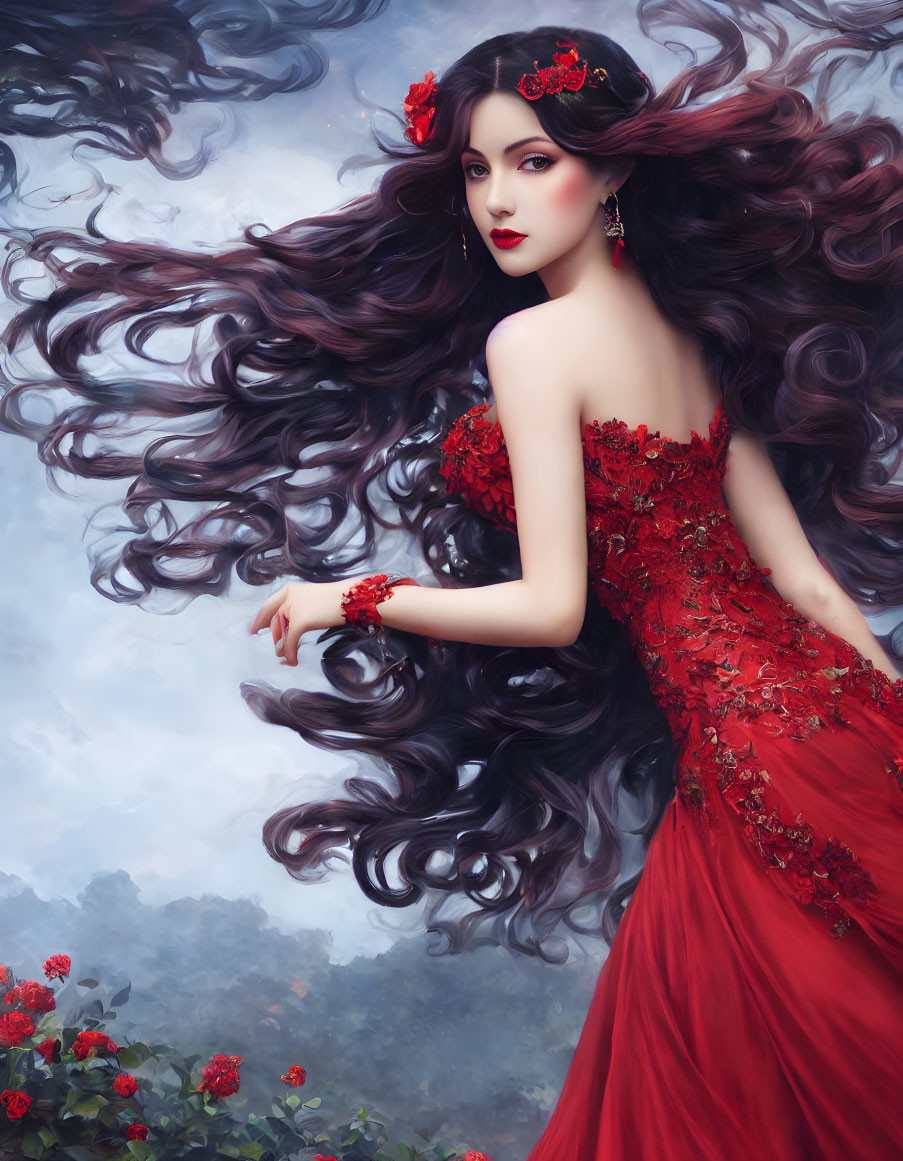 Illustration of Woman in Red Dress with Dark Hair in Moody Setting