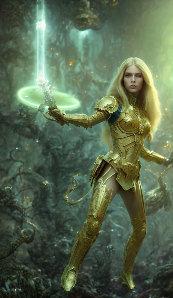 Female Warrior in Golden Armor with Glowing Green Staff in Mystical Forest