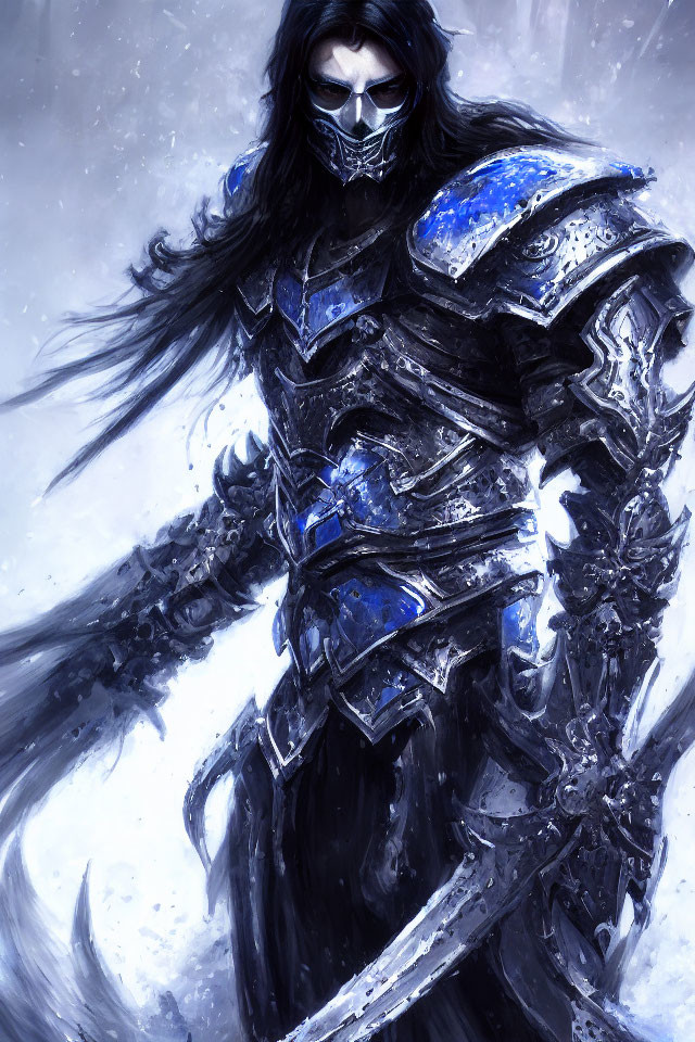 Menacing figure in dark blue armor against snowy backdrop