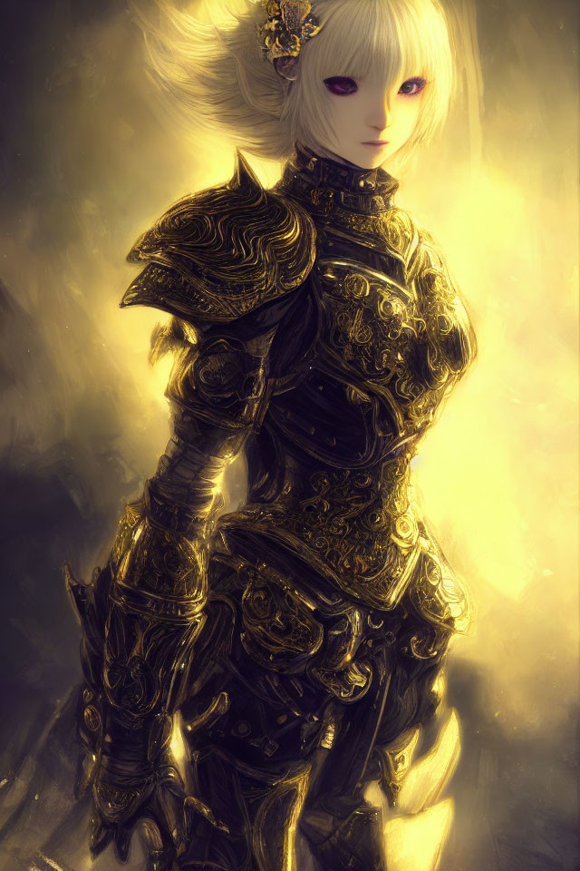 Fantasy female character in golden armor with red eyes and pale skin
