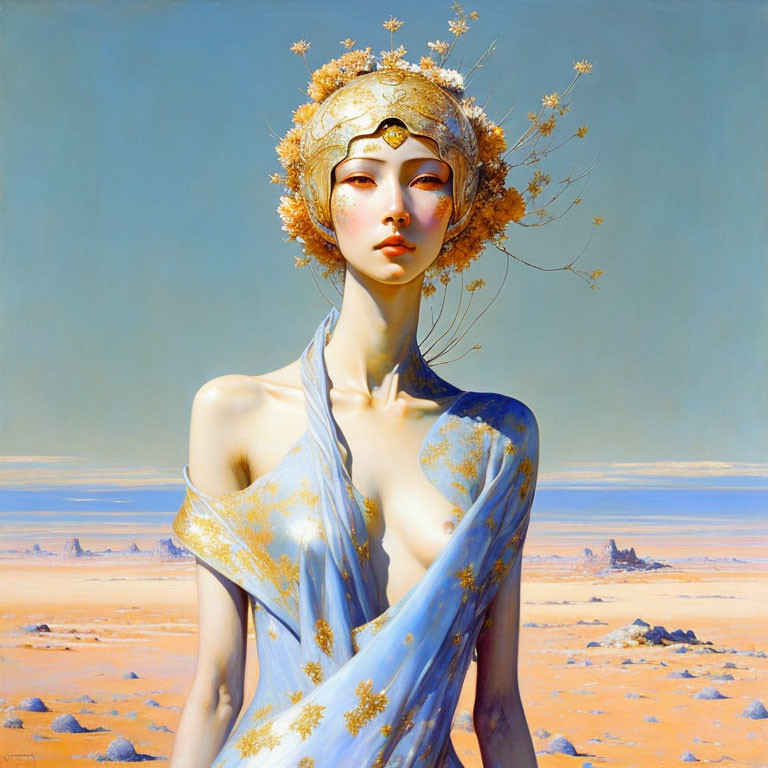 Woman with Golden Hair Accessories in Flowy Blue Garment Against Desert Backdrop