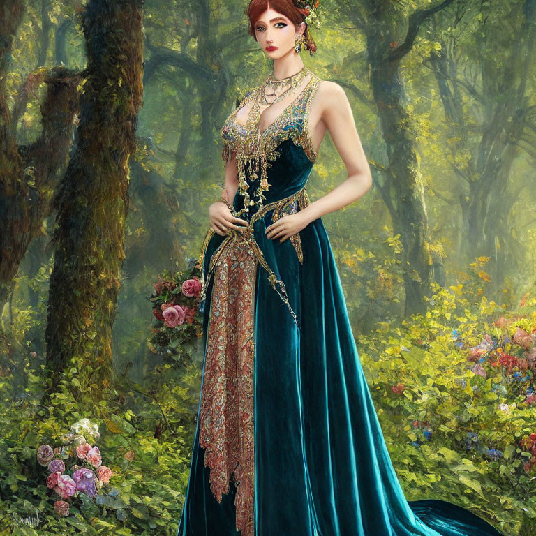 Woman in Teal and Gold Gown Surrounded by Flowers in Forest Clearing