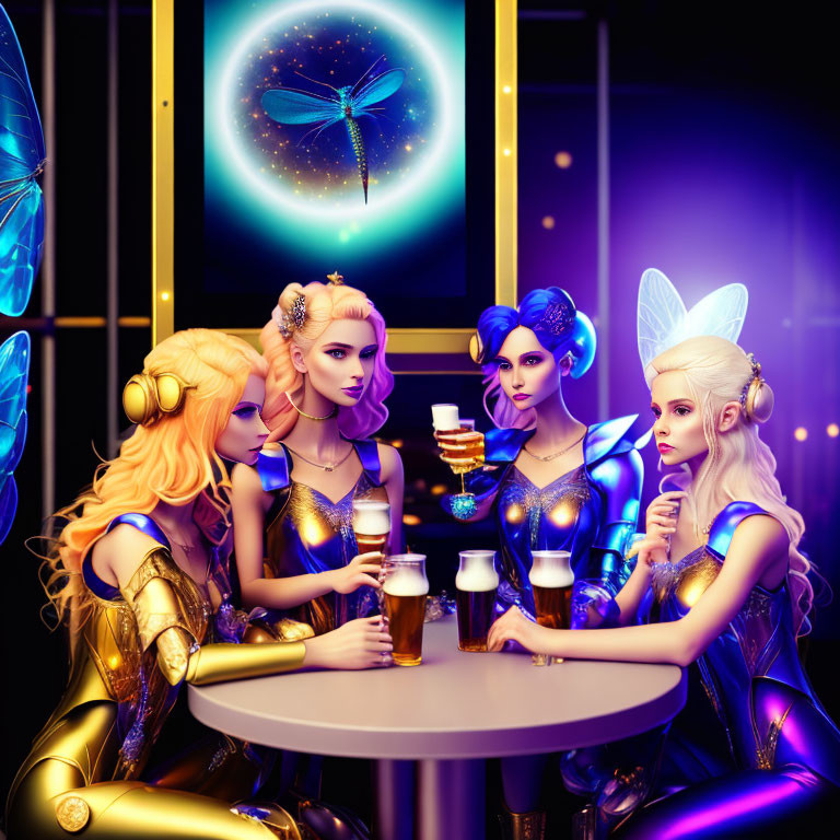 Four fairy-like characters in futuristic attire around a neon-lit table.