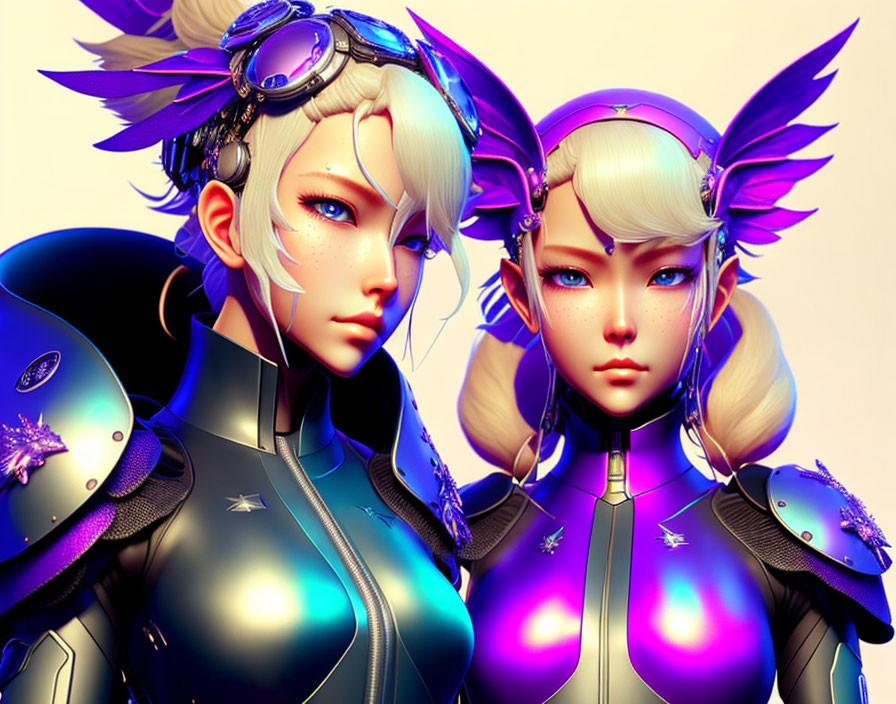 Stylized female characters in futuristic armor with elfin features on beige backdrop