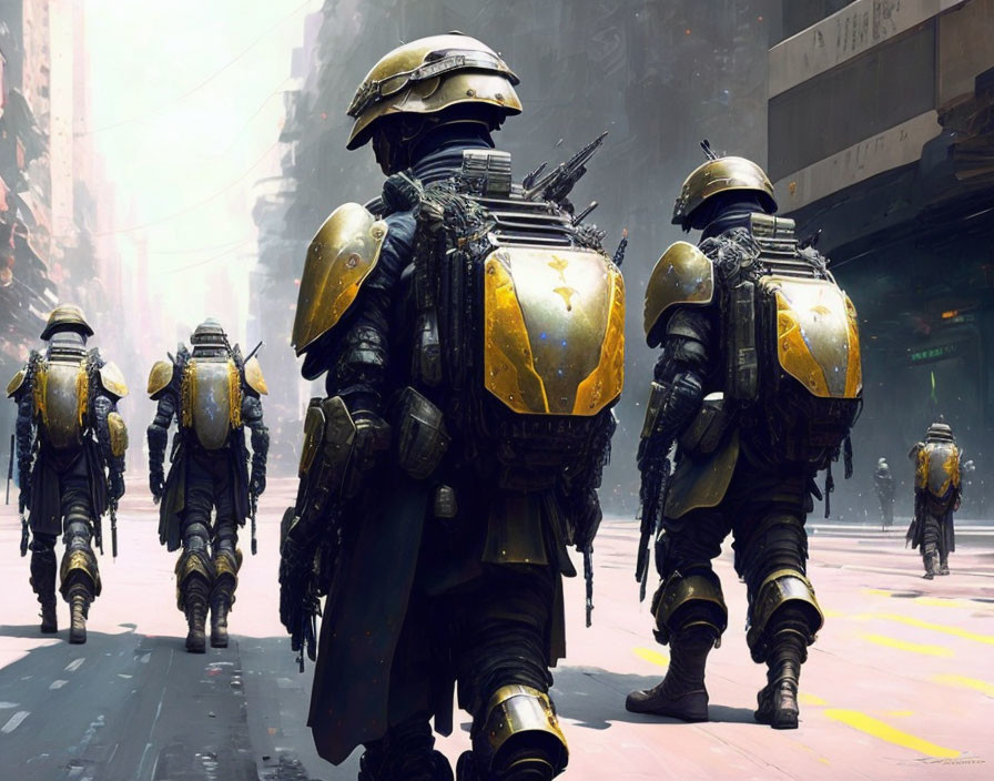 Futuristic soldiers in yellow and black armor patrol city street with towering buildings in hazy glow.