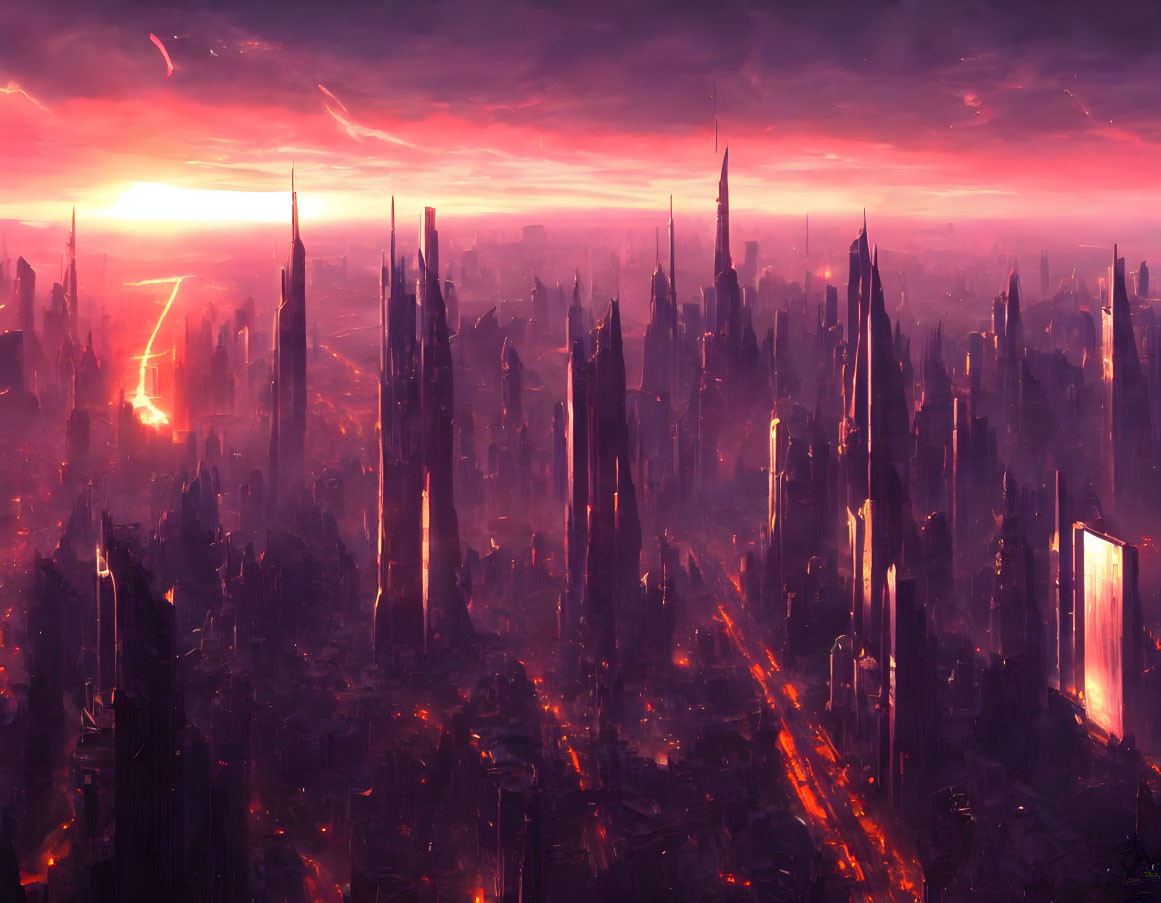 Futuristic cityscape with towering skyscrapers at sunset