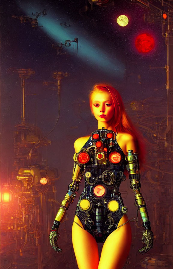 Intricate Female Humanoid Robot with Cosmic Backdrop