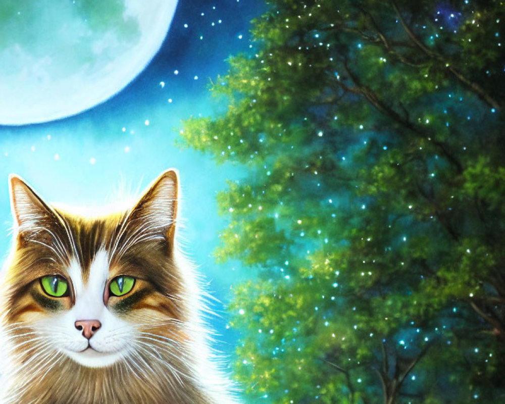 Majestic cat with green eyes under full moon and stars.