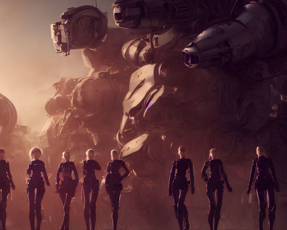 Seven individuals in futuristic armor face giant robot in dusky sci-fi scene