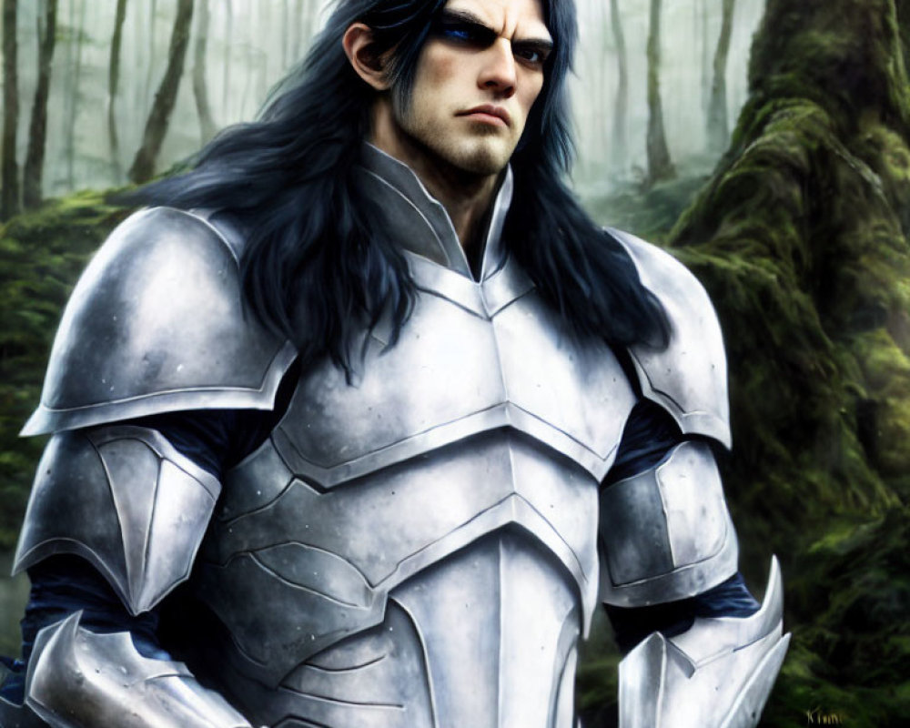 Long-haired character in silver armor in misty forest