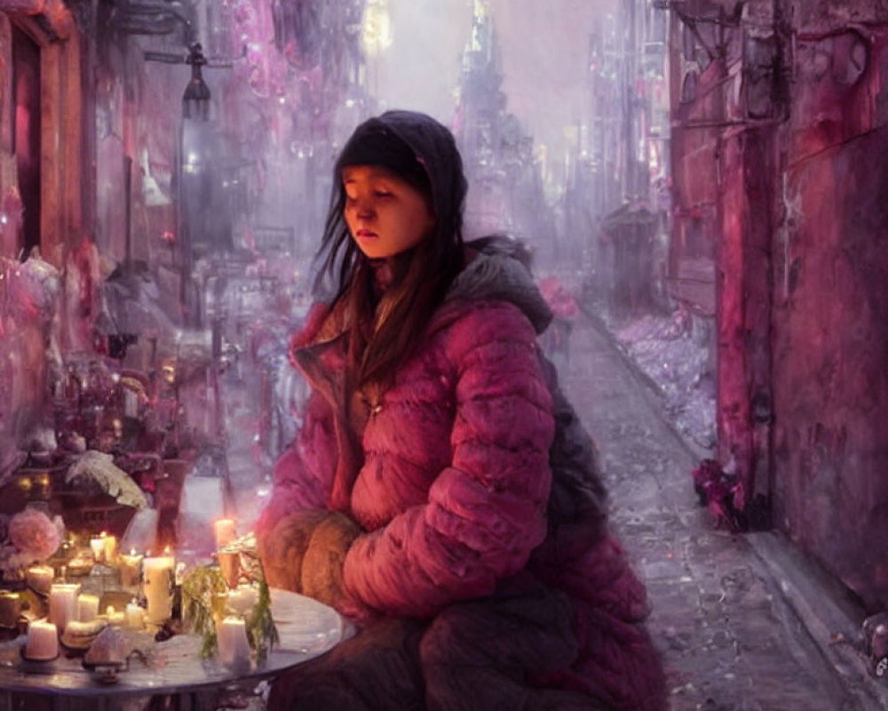 Person in Pink Puffy Jacket at Candle-Lit Table on Vibrant Street
