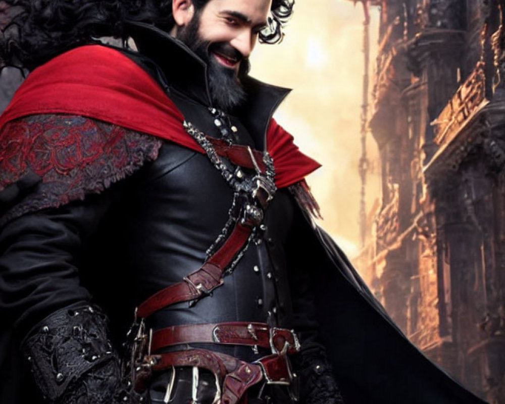 Fantasy warrior in black and red cape at gothic castle.