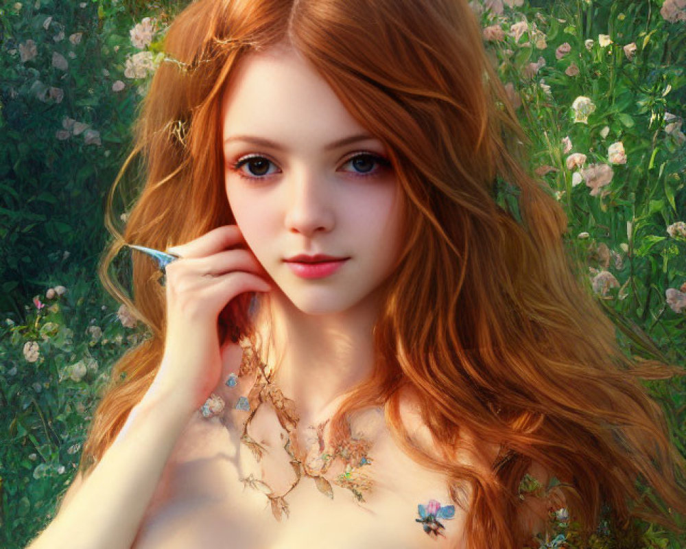 Vibrant digital artwork of woman with long red hair in floral setting