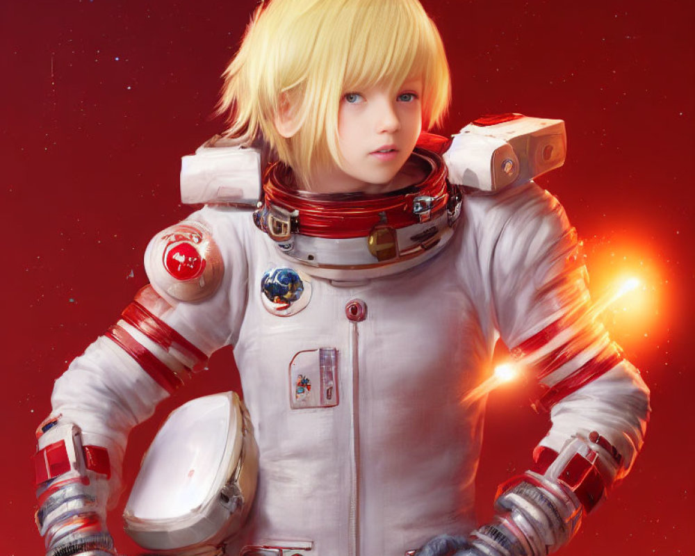 Detailed astronaut suit on a solemn child with blonde bowl cut against red starry background