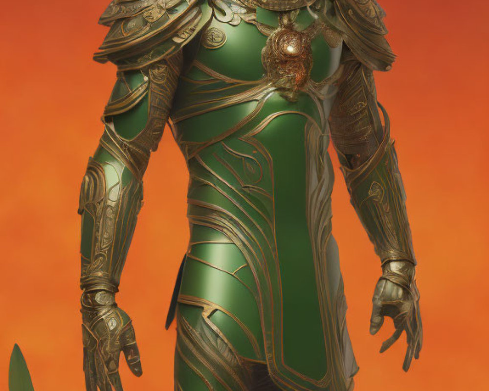 Fantasy warrior in green and gold armor with sword on orange backdrop