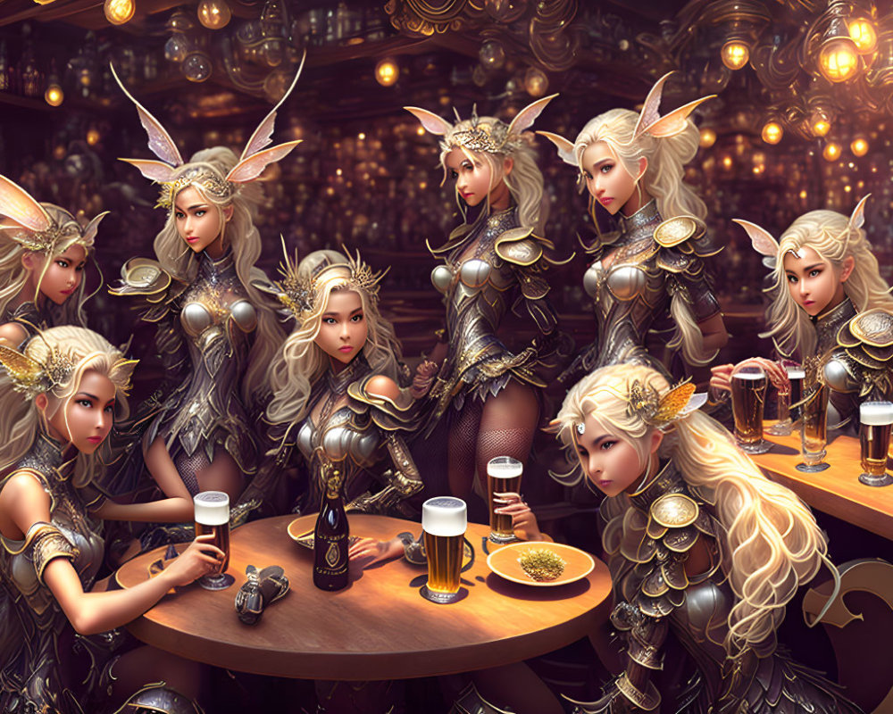 Ethereal elf-like characters in ornate armor at a decorated bar