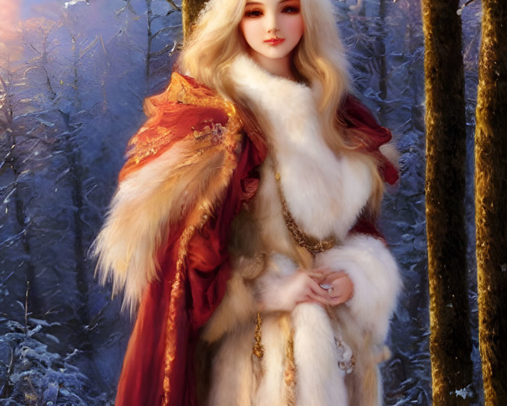 Blond woman in red and white fur cloak in snowy forest