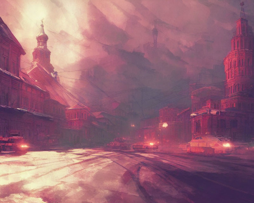 Cityscape artwork featuring vintage cars, warm-lit buildings, and a towering spire at dusk
