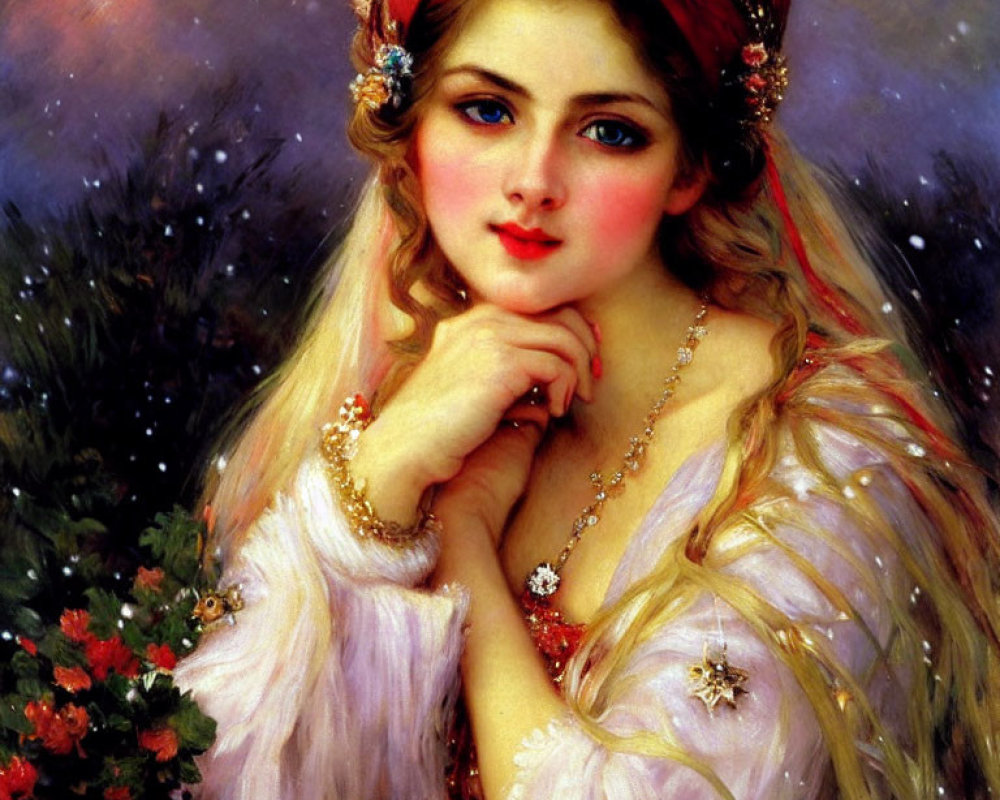 Portrait of Young Woman with Rosy Cheeks and Red Headband in Snowy Foliage