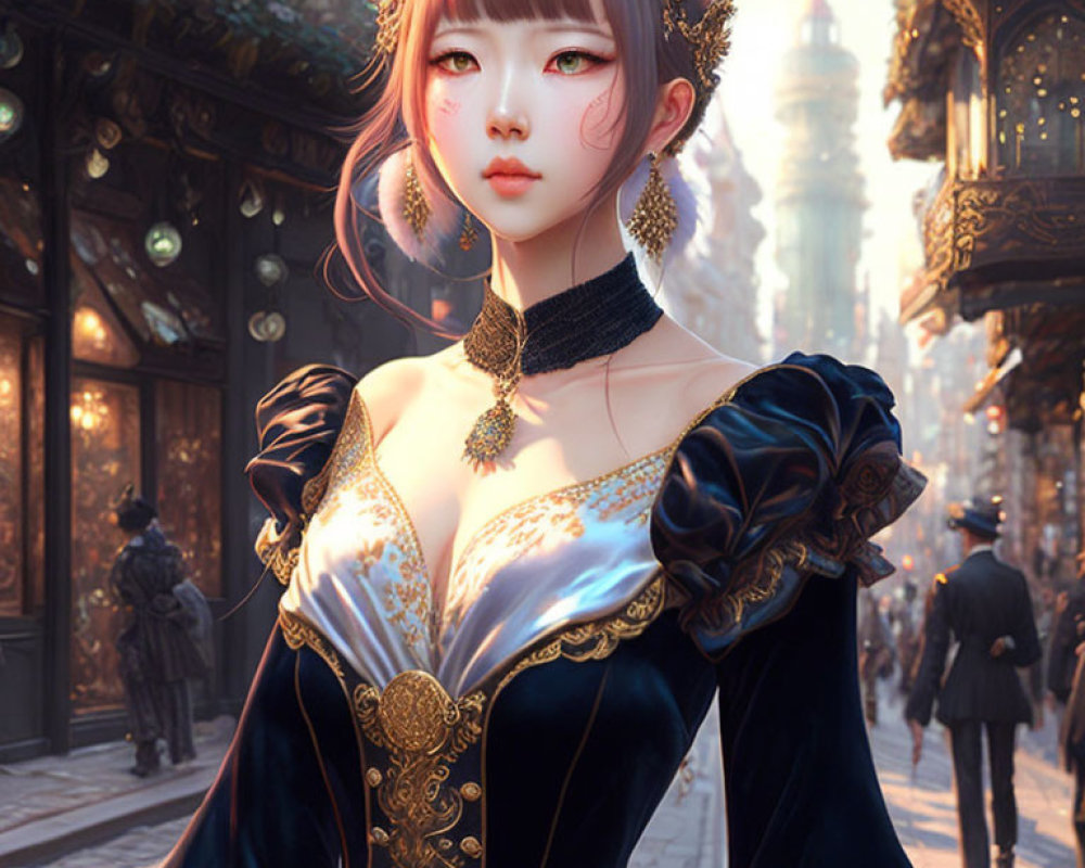 Female character with cat ears in Victorian dress on fantasy street.