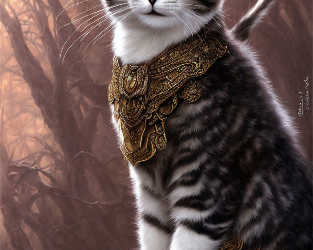 Regal cat with green eyes and gold scarf in woodland setting