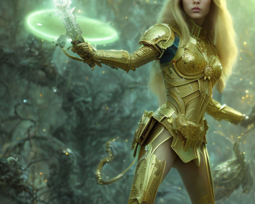 Female Warrior in Golden Armor with Glowing Green Staff in Mystical Forest