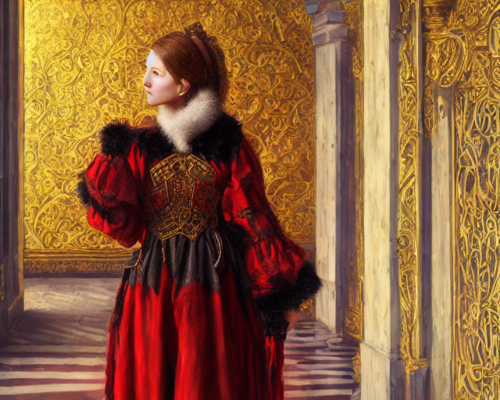 Luxurious Renaissance woman in red and gold dress in ornate hallway