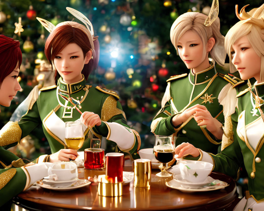 Four animated female characters in festive elf-like outfits enjoying beverages in a holiday-themed setting.