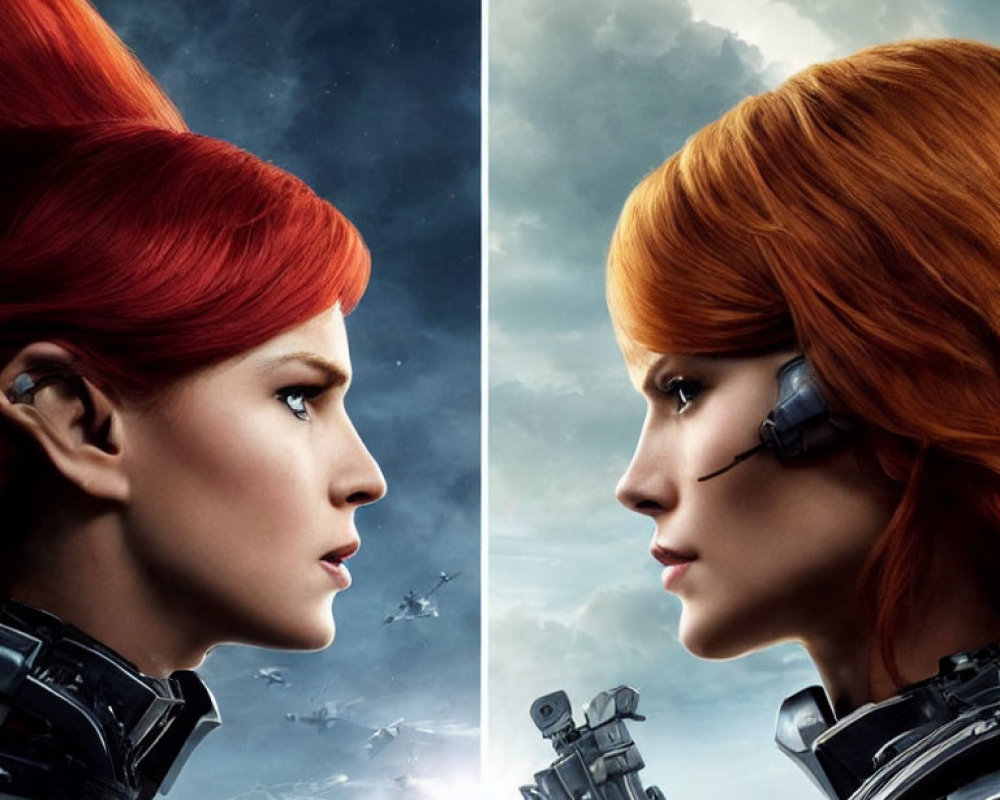Red-haired woman in futuristic armor, split image, calm profile vs. focused gaze, cloudy sky backdrop