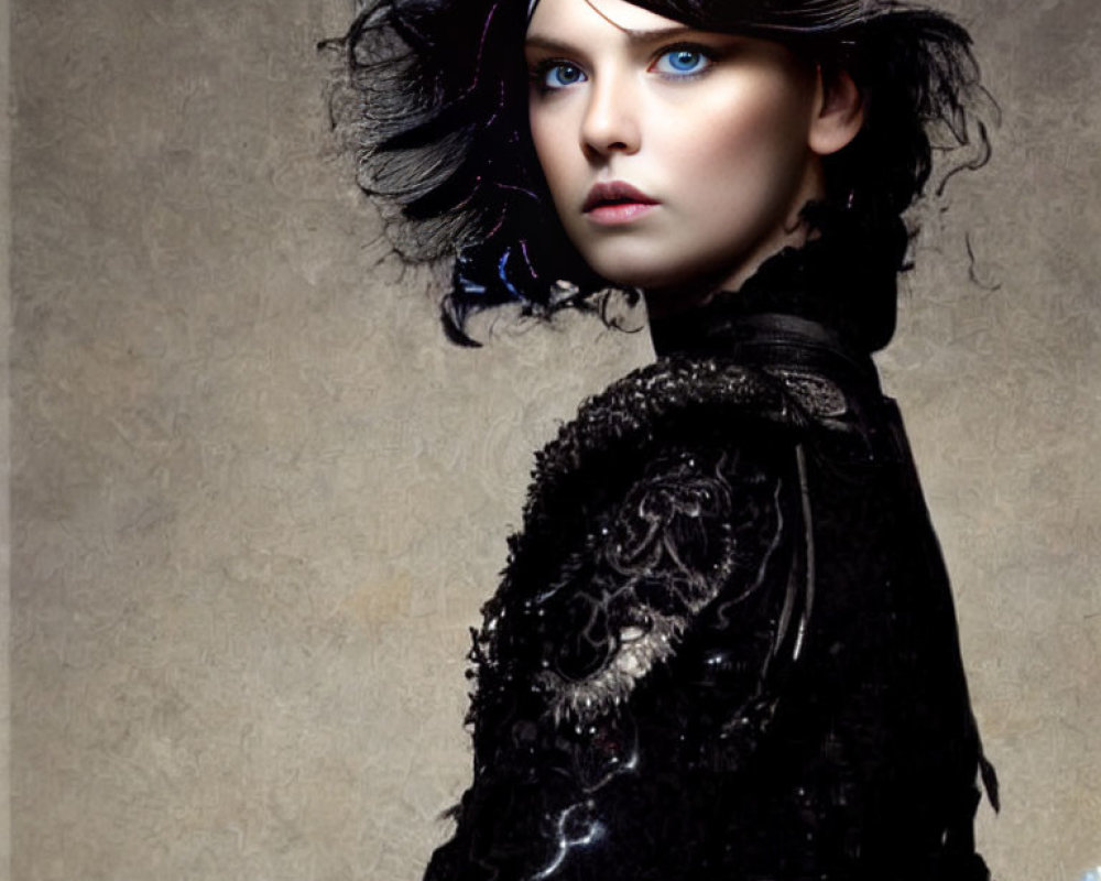 Stylized portrait of a person with intense blue eyes and dark wavy hair wearing black embroidered outfit