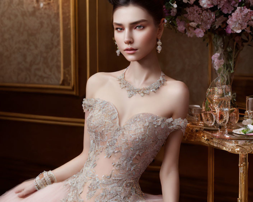 Elegant woman in strapless gown with floral embroidery and tulle skirt.