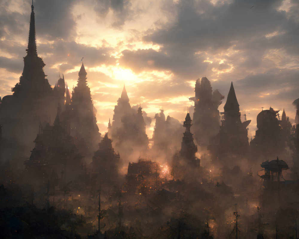 Mystical cityscape with towering spires and temples at sunset