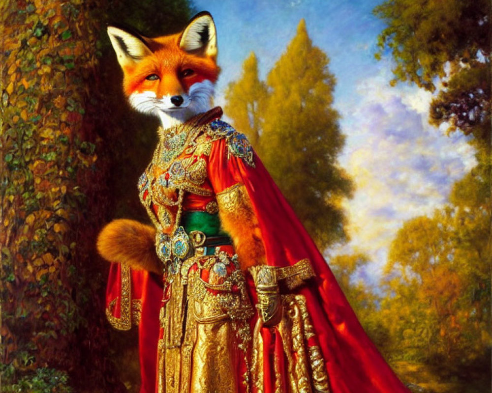 Anthropomorphic Fox in Medieval Attire Standing in Sunlit Forest