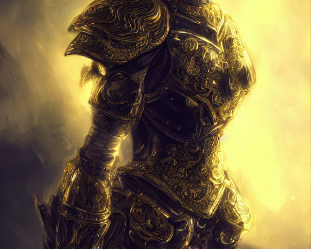 Fantasy female character in golden armor with red eyes and pale skin