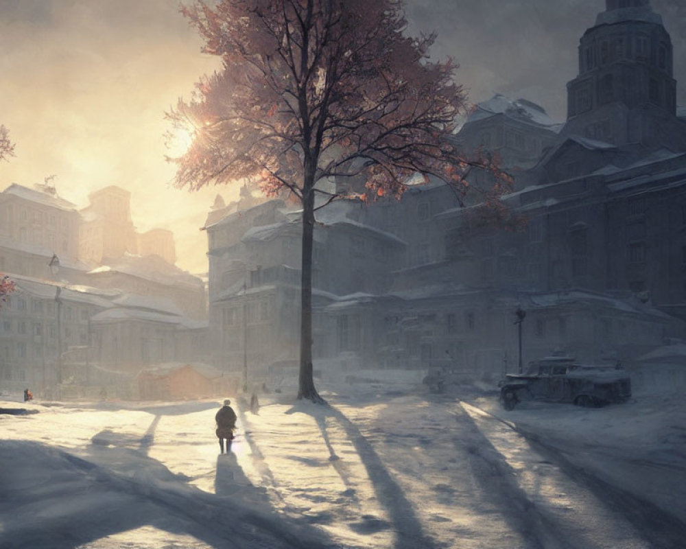 Person walking on snowy street at sunset among old buildings and pink-leaved tree