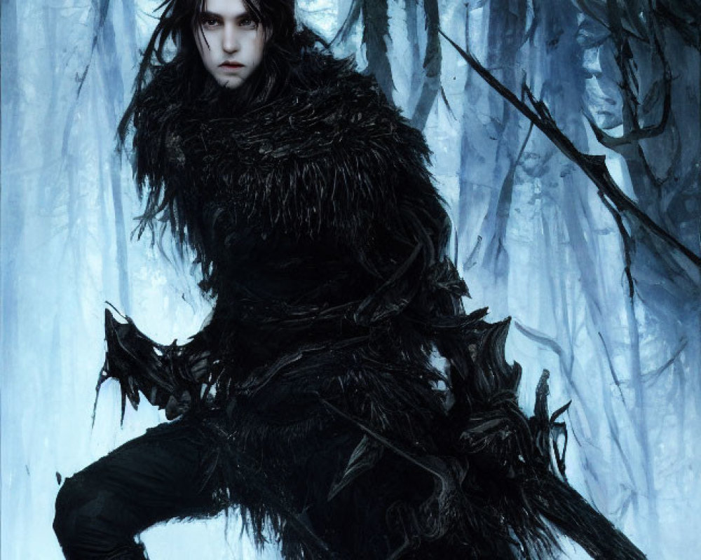 Long-haired person in black feathery attire in gloomy icy forest