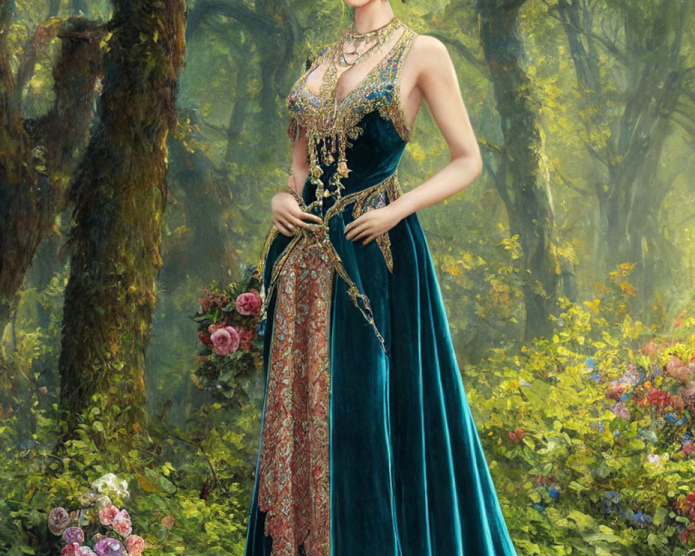 Woman in Teal and Gold Gown Surrounded by Flowers in Forest Clearing