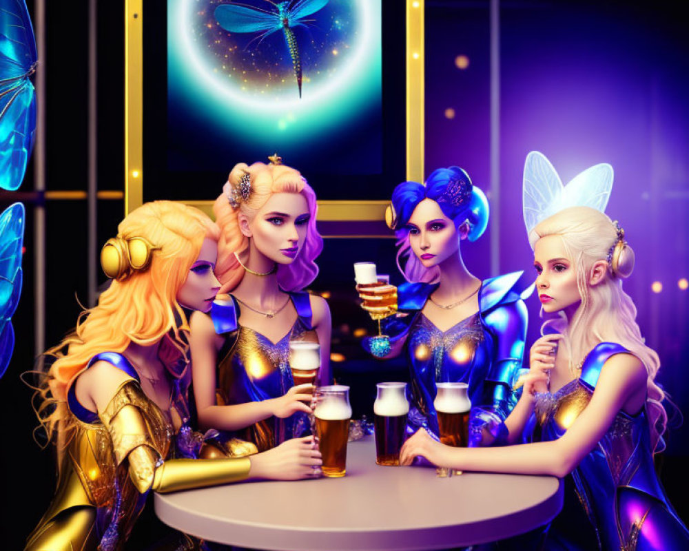 Four fairy-like characters in futuristic attire around a neon-lit table.