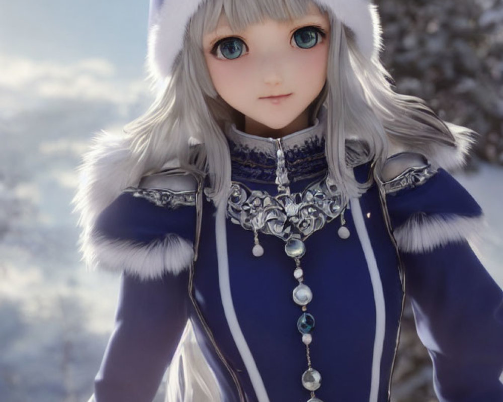 Digital artwork of female character with silver hair, blue eyes, in blue and white winter outfit with fur